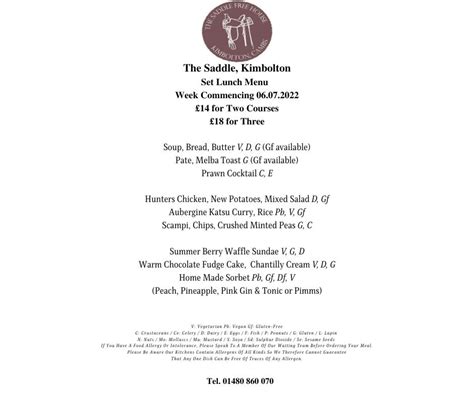 Menu At The Saddle Pub And Bar Kimbolton 26 High St