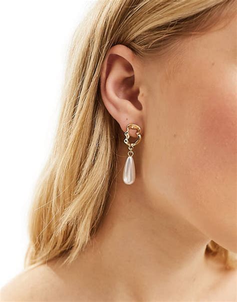 Designb London Molten Earrings With Pearl Drop In Gold Asos