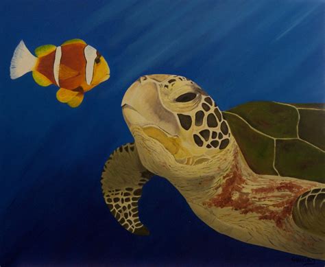 Turtle Oil Painting, Sea Turtle, Clown Fish - "The Encounter" (20" x 24 ...