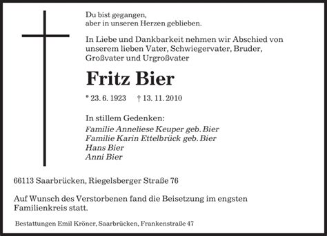 Traueranzeigen Von Fritz Bier Saarbruecker Zeitung Trauer De