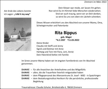 Traueranzeigen von Rita Bippus Schwarzwälder Bote Trauer