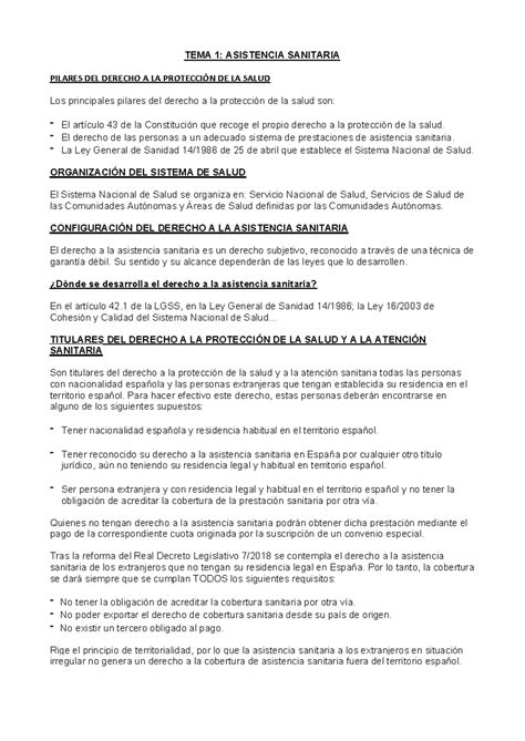 Apuntes Seguridad Social Tema 1 Asistencia Sanitaria Pilares Del