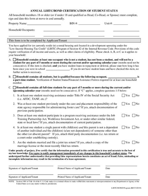 Fillable Online Annual Lihtc Bond Certification Of Student Status All