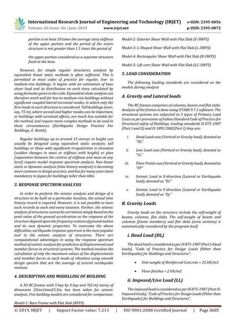 Irjet Seismic Behavior Of Rc Flat Slab With And Without Shear Wall