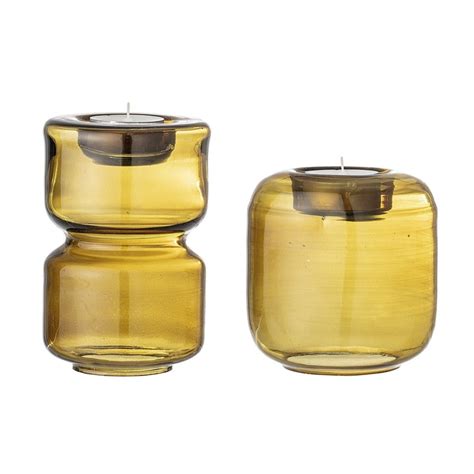 Two Piece Mustard Colour Glass Tea Light Holder Rhool