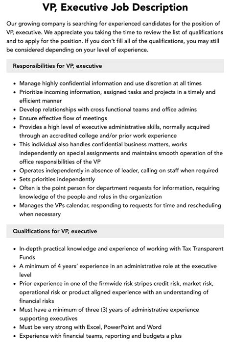 Executive Vice President Job Description