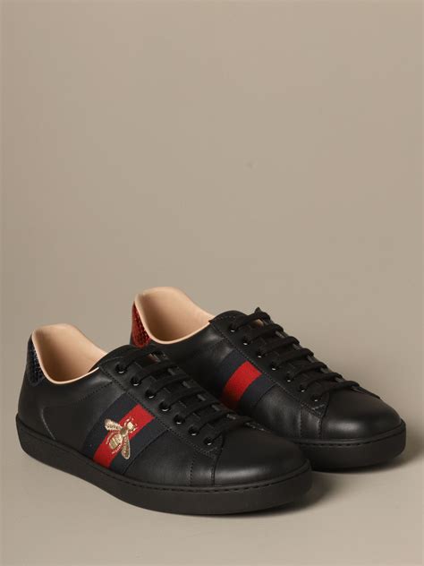 Gucci Ace Leather Sneakers With Web And Bee Bands Sneakers Gucci Men Black Sneakers Gucci