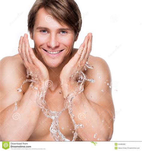 Smiling Man Washing His Face With Water Stock Photo Image Of Muscular Naked