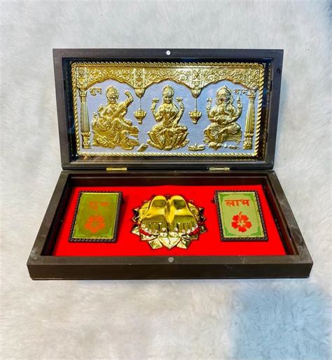 Gold Plated Charan Paduka Box Lakshmi Ganesh And Saraswati Pooja