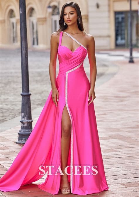 A Line Jersey Prom Dress One Shoulder Sweep Train With Crystal Pleated