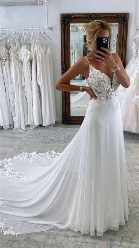 Elegant A Line Spaghetti Straps V Neck Lace Appliques Wedding Dress