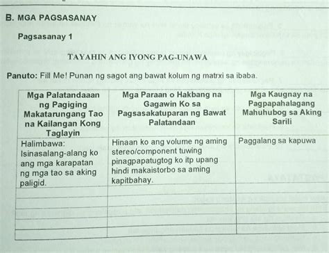 B MGA PAGSASANAY Pagsasanay 1 TAYAHIN ANG IYONG PAG UNAWA Panuto Fill