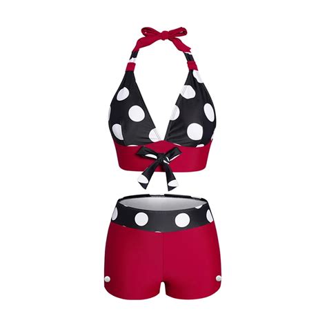 Polka Dots Print Bikini Set Swimsuit Halter Padded Bowknot Bikini Two Piece Swimwear Boyleg
