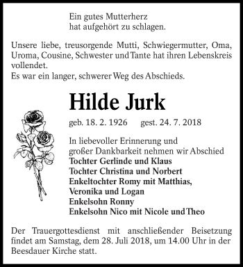 Traueranzeigen Von Hilde Jurk Lr Online Trauer De