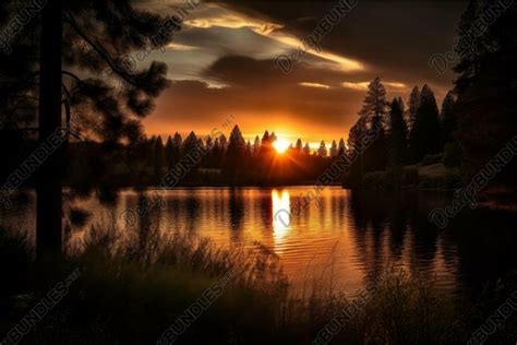 Tranquil sunset over forest lake