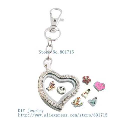 Full Rhinestone Heart Shape Magnetic Floating Locket Keychain Zinc