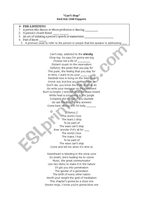 Cant Stop Red Hot Chili Peppers Esl Worksheet By Epassadore