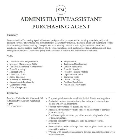 Administrative Assistant Purchasing Agent Resume Example