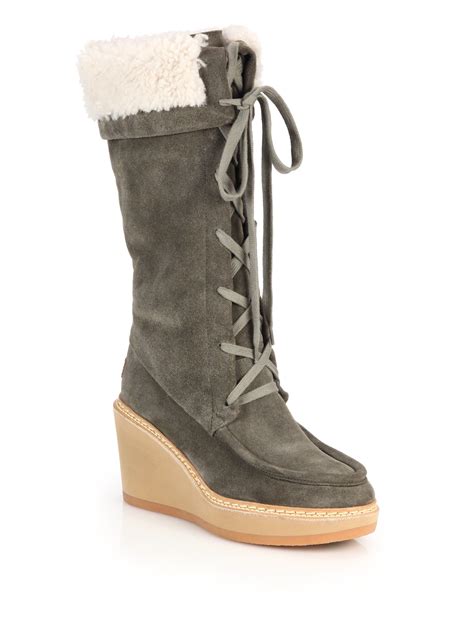 See by chloé Shearling trimmed Suede Lace up Wedge Knee Boots in Gray