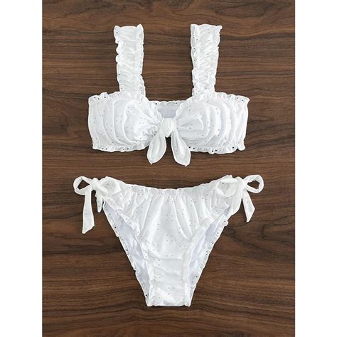 Jual Paket Bikini Seksi Putih Murni Dengan Pita Burung Merak Swimsuit