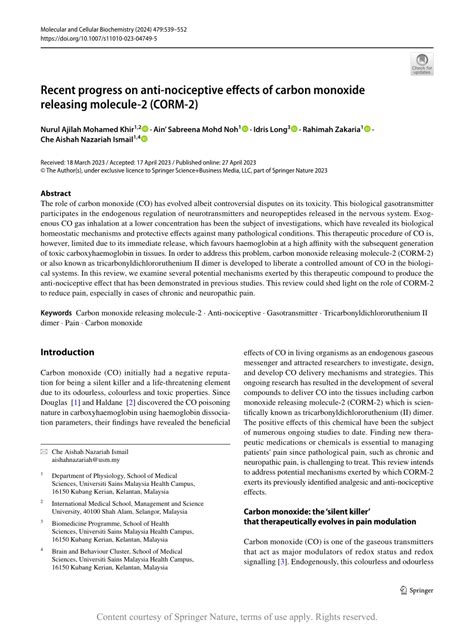 Recent Progress On Anti Nociceptive Effects Of Carbon Monoxide