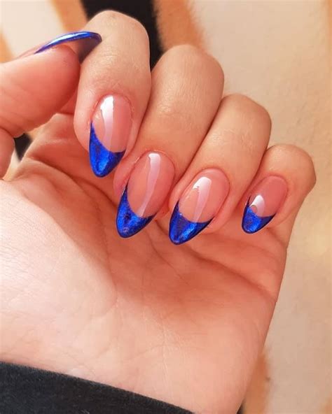 Medium Length Almond Shape Blue French Tip With Evil Eye And Canada