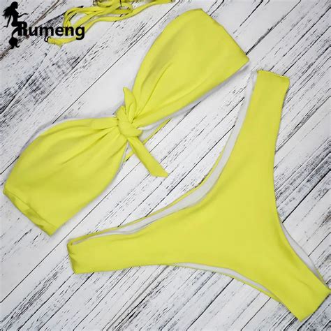 RUMENG Yellow Solid Swimwear Women Sexy Brazilian Bikini Set 2018