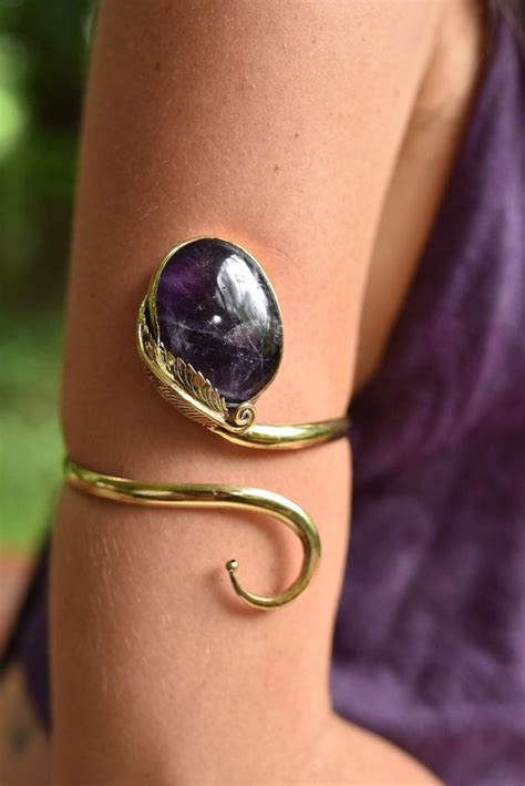 Fairy Elven Goddess Tribal Brass Amethyst Spiral Leaf Upper Etsy Upper Arm Cuff Bracelet