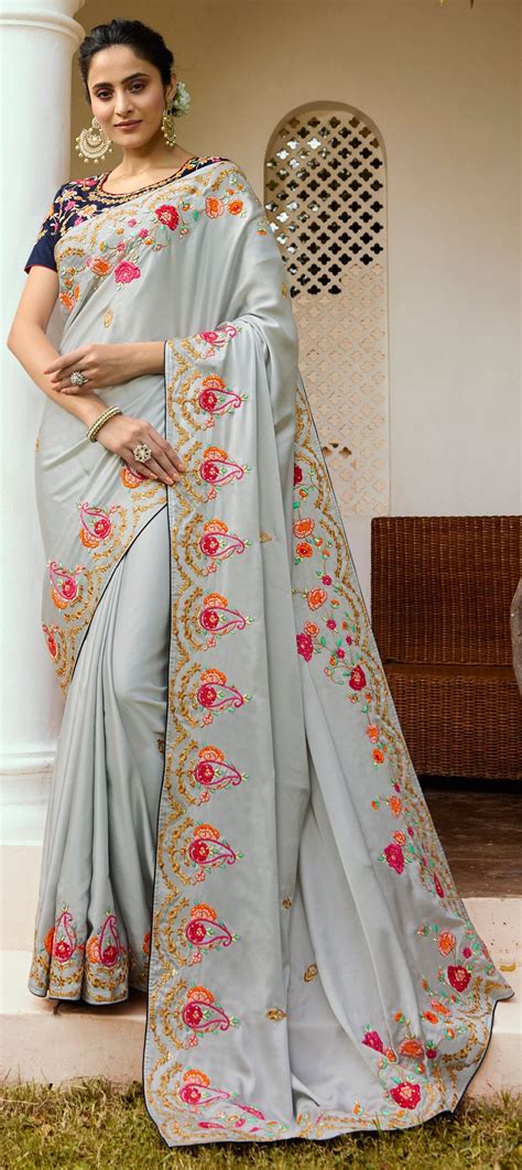 1529165 Party Wear Traditional Black And Grey Color Satin Silk Fabric Saree