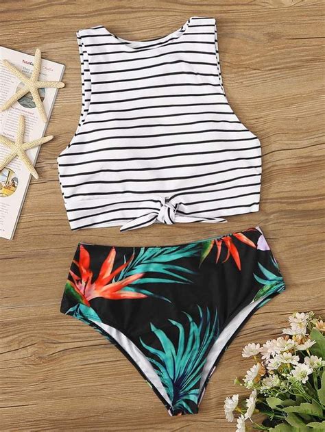 Shein Striped Knot Front Top With Tropical Bikini Set Tropical Bikini