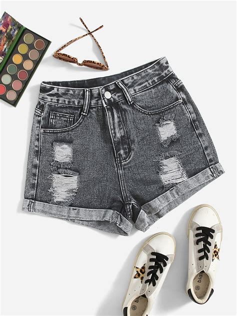 Roll Up Hem Ripped Denim Shorts Denim Shorts Ripped Denim Shorts