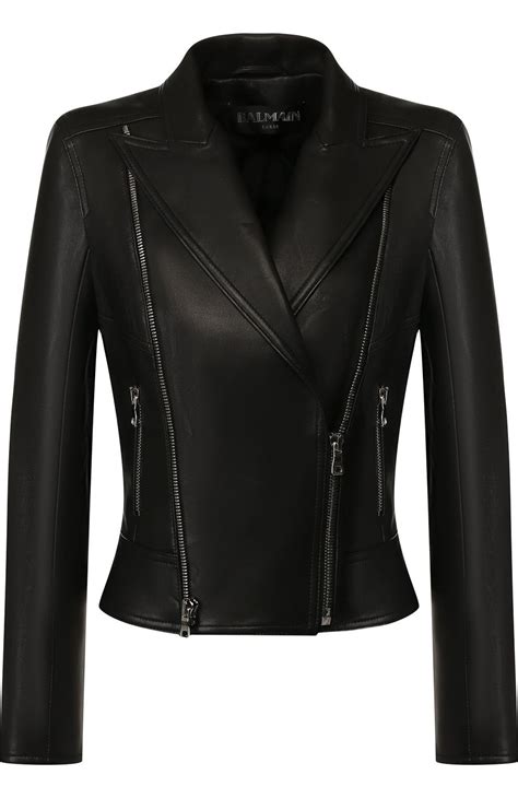 Женская черная приталенная кожаная куртка с косой молнией BALMAIN ...