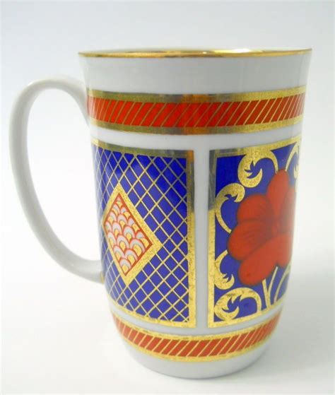 Fitz Floyd Coffee Mug Neiman Marcus Red Flowers Blue Panels Ceramic