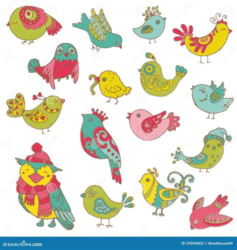 Цветастое собрание Doodle птиц - нарисованная рука Иллюстрация вектора ...