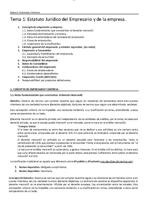 Tema Apuntes Bloque Empresario Y Empresa Tema Estatuto