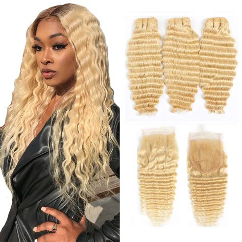 Amazon Curly Deep Wave Blonde Bundles With Closure Platinum Blonde Human Hair