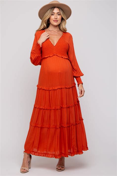 Rust Smocked Ruffle Tiered Maternity Maxi Dress Pinkblush