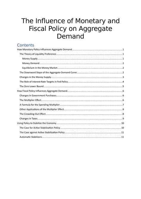 The Influence Of Monetary And Fiscal Policy On Aggregate Demand Notes