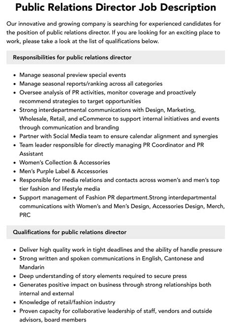 Public Relations Director Job Description Velvet Jobs