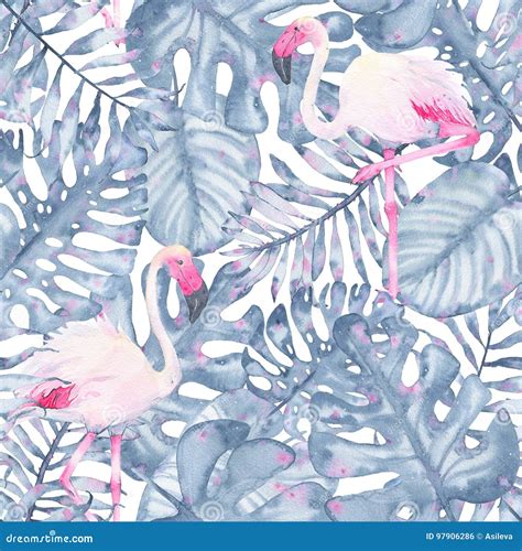 Watercolor Tropical Seamless Pattern Hand Painted Pink Flamingo And