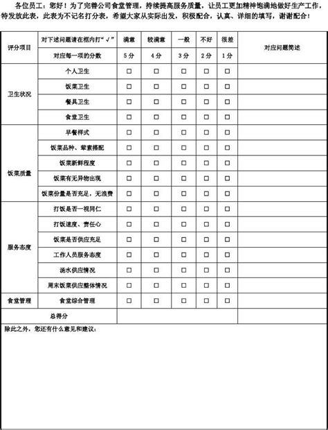 职工食堂满意度评分表 word文档免费下载 文档大全