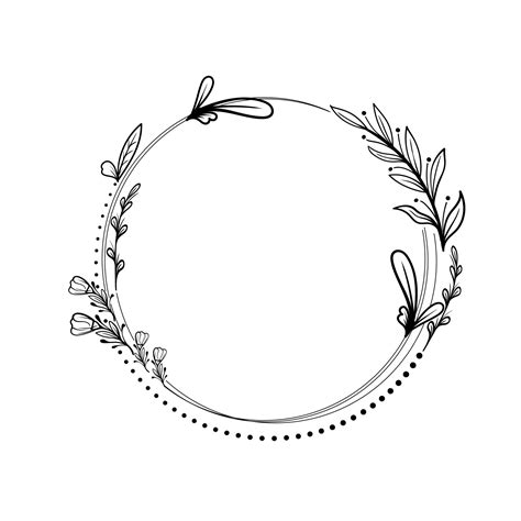 Botanical Circle Frame Hand Drawn Round Line Border Leaves And