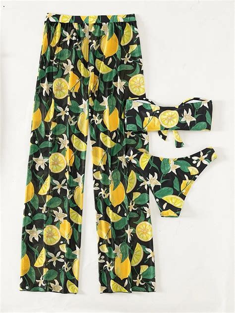 Дамски бански на лимони с плажен панталон Lemon Floral Print Knot Front Tube Bikini Swimsuit