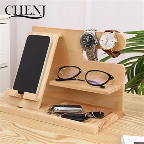 Bedside Organiser Wood Phone Docking Station Key Holder Wallet Stand