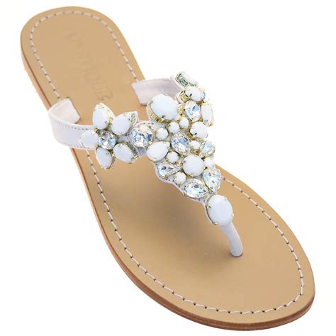 Marbella Sandal White Womens Jeweled Flat Sandals Mystique Sandals