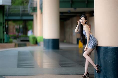 Image Brunette Girl Bokeh Pose Girls Legs Asian Dress Stilettos