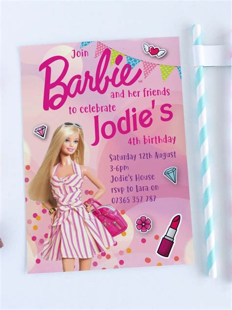 A Birthday Card With A Barbie Doll Next To A Candy Bar And Two Straws