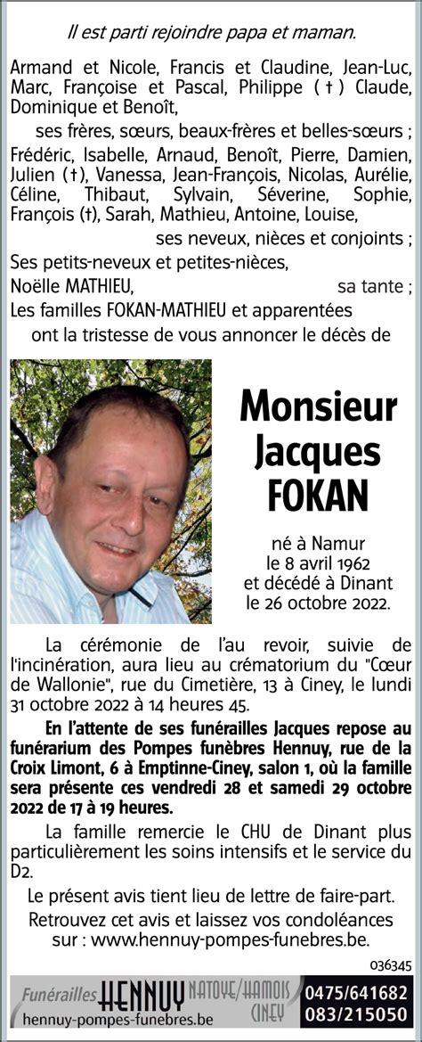 Avis De Décès De Jacques Fokan Décédé Le 26102022 à Dinant Annonce