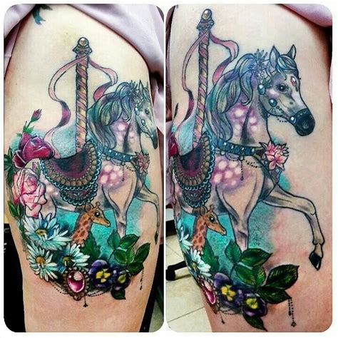 Carousel horse, baby giraffe, flowers tattoo | Carousel horse tattoos ...