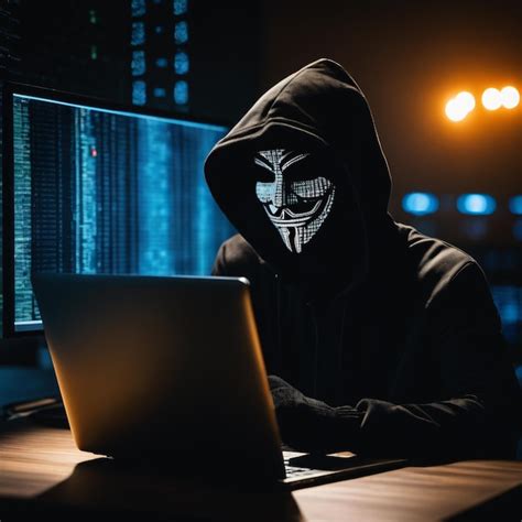 Premium Ai Image Hacker In Mask Stealing Information From Laptop Computer